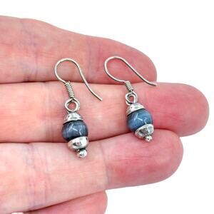 Vintage Sterling Silver 925 Black Cat's Eye Dangle Fishhook Earrings